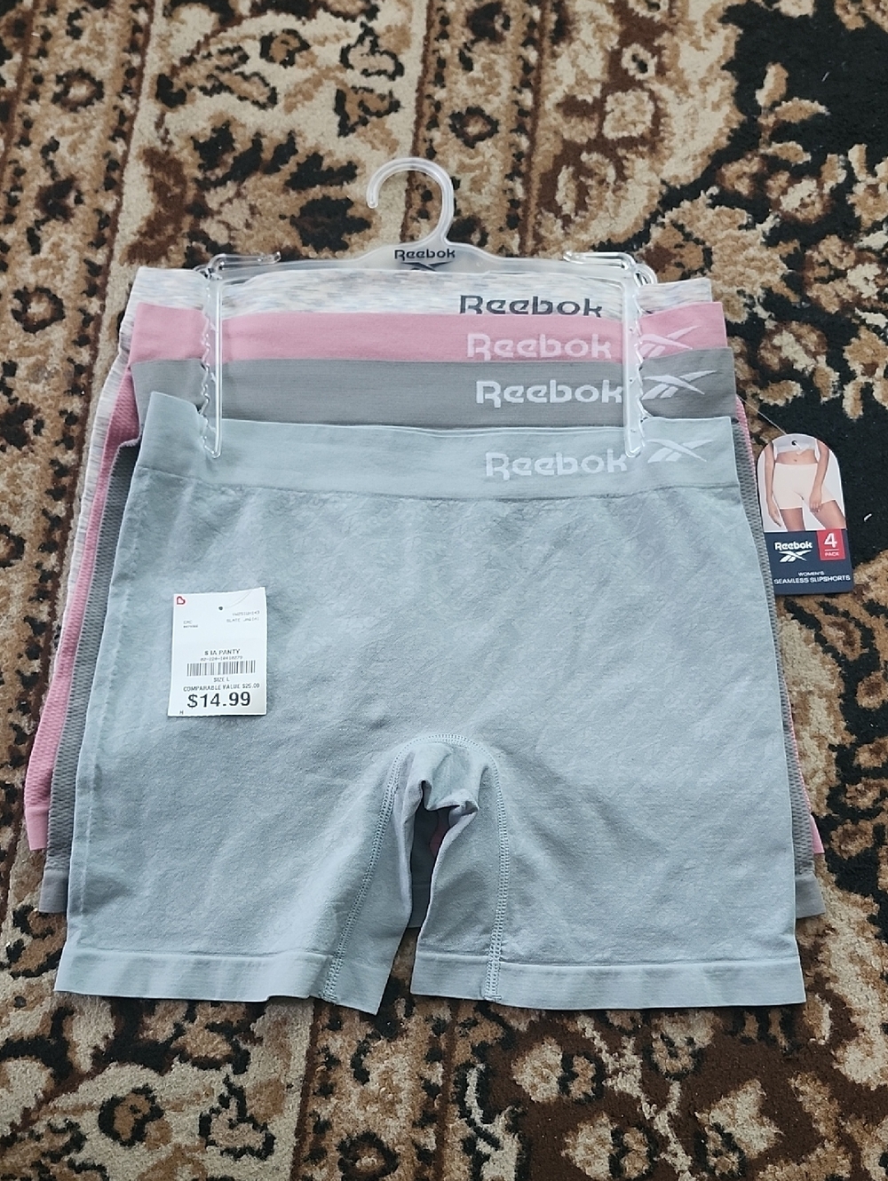 Women's 4pk Reebok Seamless Boxer Briefs- Gray, Light Gray & Pink; Large 12-14